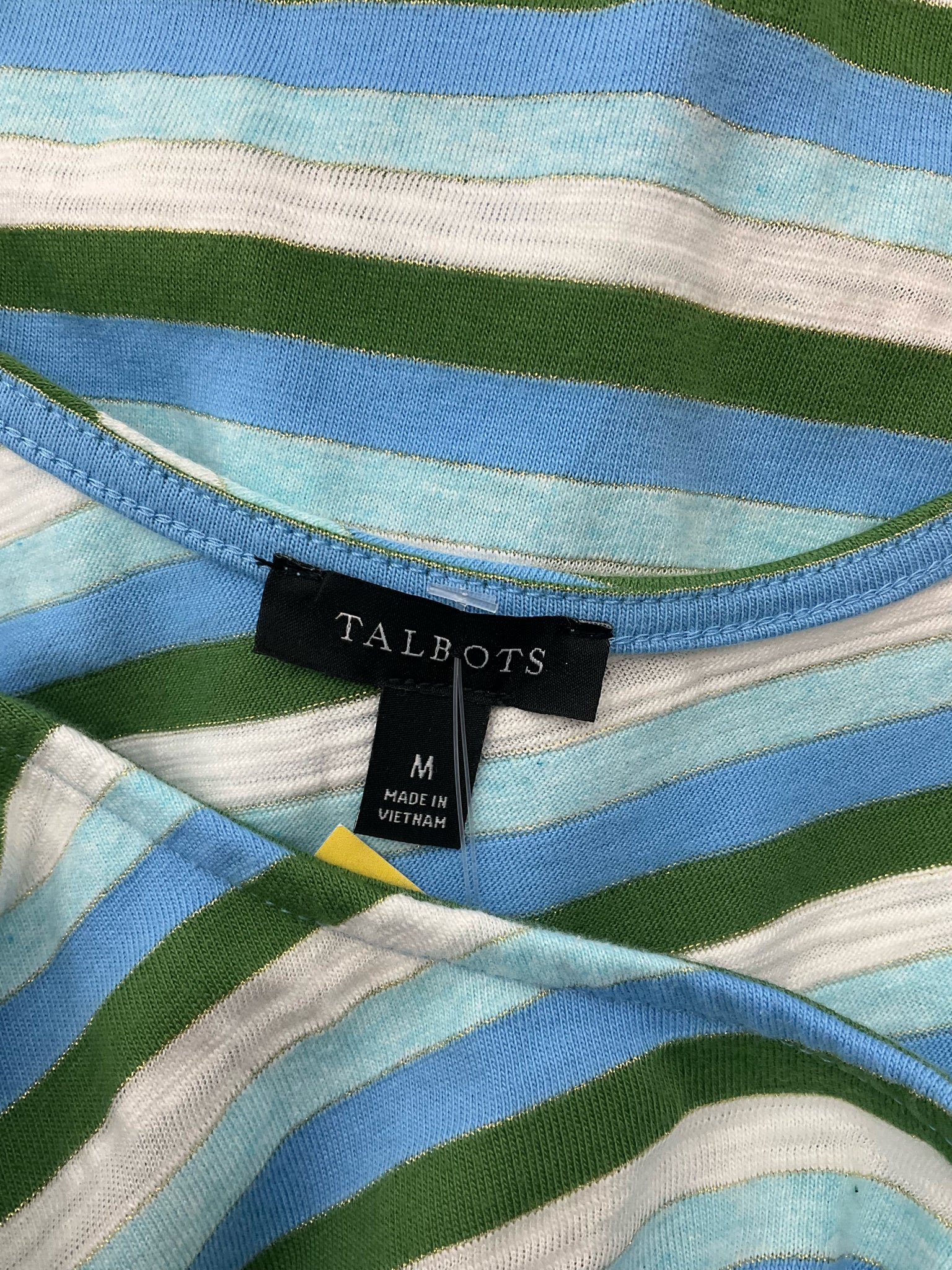 Talbots Aqua/White/Green Midi Striped Tie-Waist Midi Dress Metallic Knit Sleeveless Blue Green Medium - Size M
