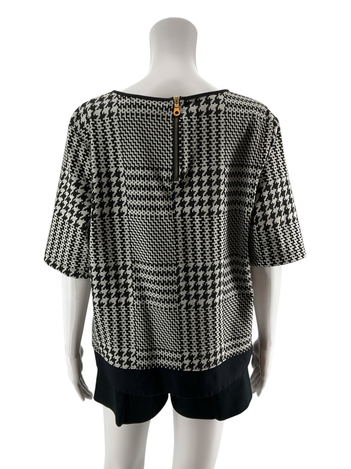 Liz Claiborne Houndstooth Jacquard Knit Tunic Top XL Black Gray Short Sleeve