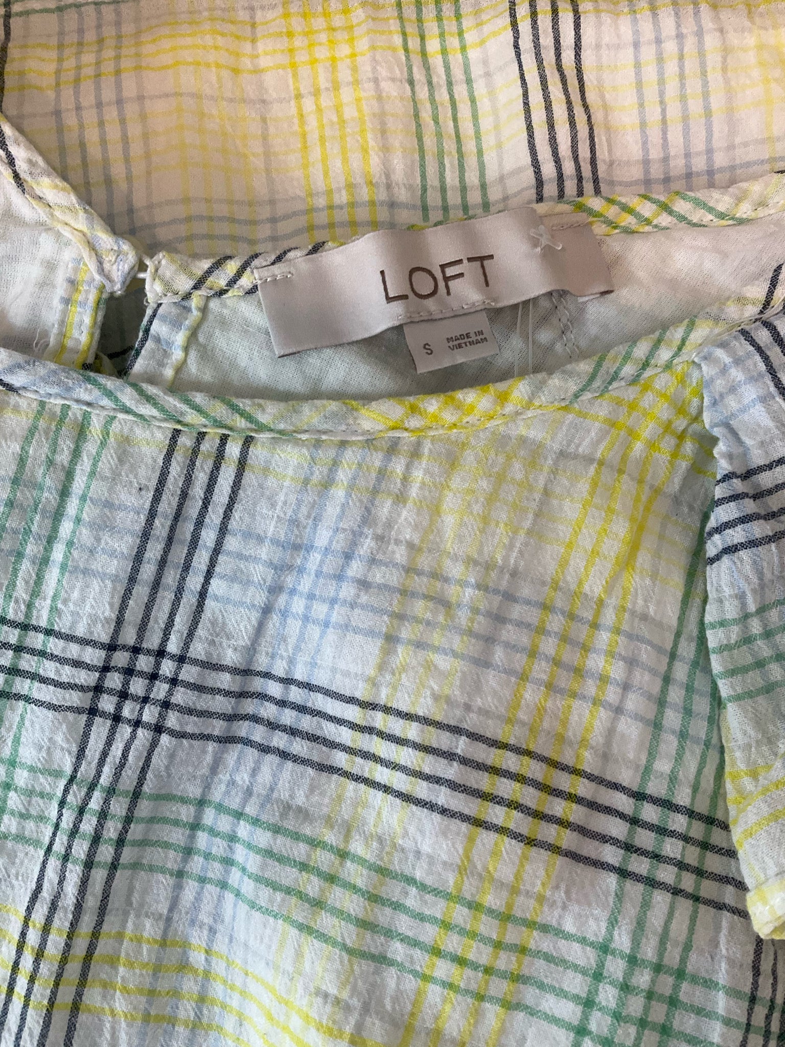 LOFT White/green/yellow Sleeveless Plaid Flutter Sleeve Keyhole Back Top Size Small - Size S