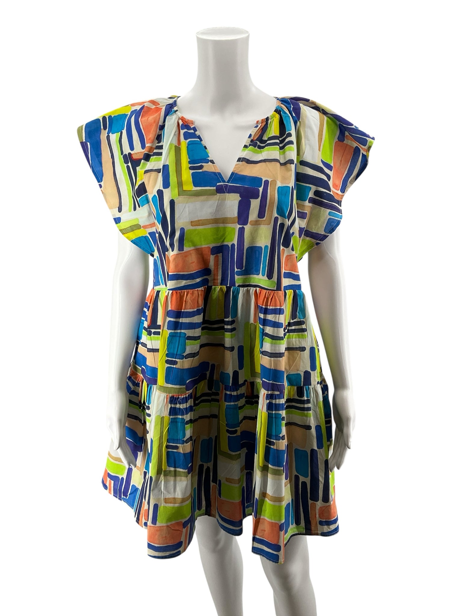 Entro Brushstroke Print Tiered Cotton Babydoll Mini Dress Size Medium