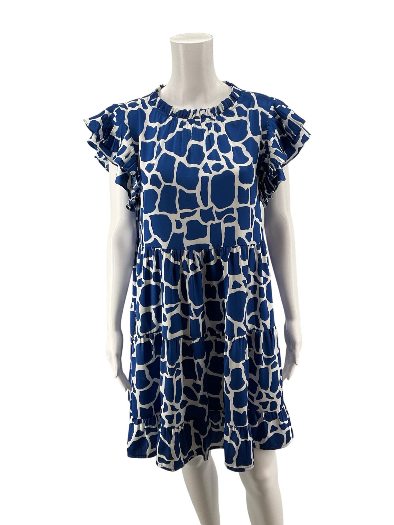 Jodifl white/blue Boho Blue & White Giraffe Print Tiered Babydoll Mini Dress Size Medium - Size M