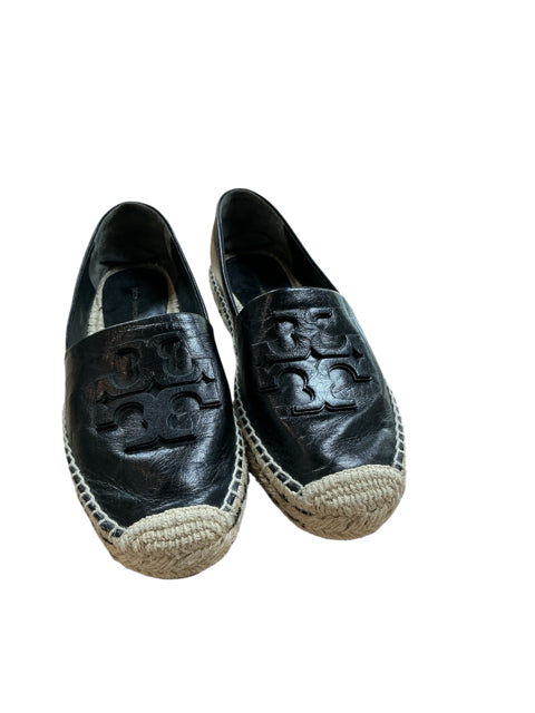 Tory Burch Ines Black Leather Double T Logo Espadrille Flats Size 9