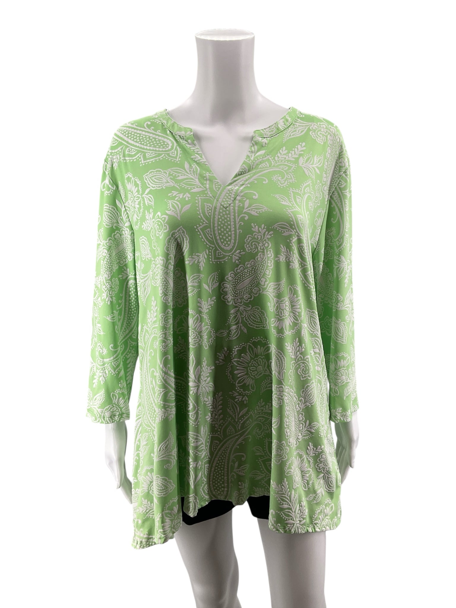 Ruby Rd. Green & White Paisley Notch Neck Tunic Top XL
