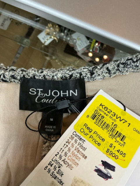 St. John Couture gray/black Jacket Oatmeal Multi Boucle Tweed Fringe Jacket Size 16 NWT - Size 16