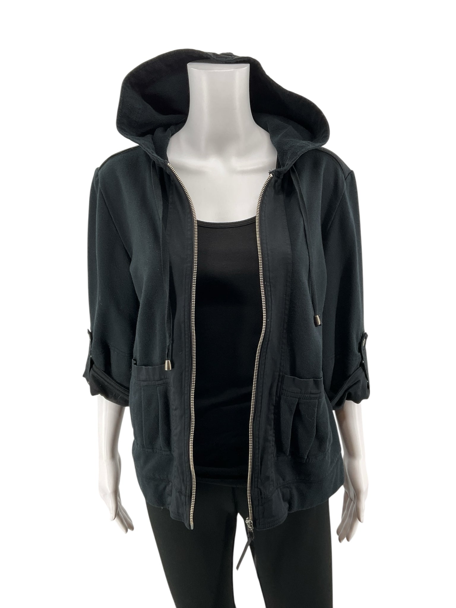 Cynthia Max Black Cotton Hooded Utility Jacket Size Medium