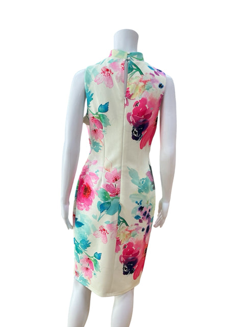 NY & Company White/Pink/Green Sheath Floral Mock Neck Sheath Dress Women&