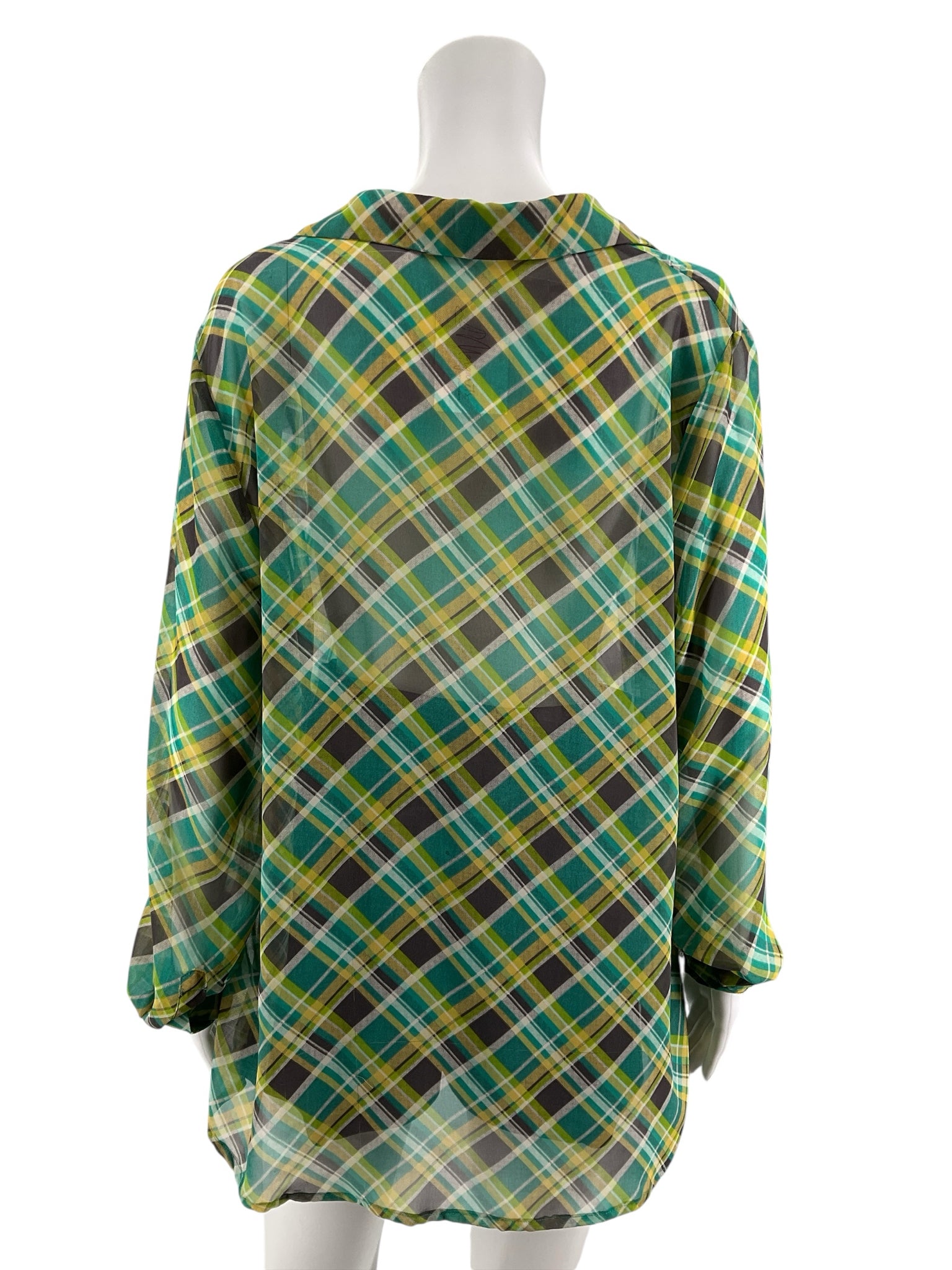 Pleione Plaid Roll-Tab Sleeve V-Neck Tunic Blouse Green Yellow | Size Large