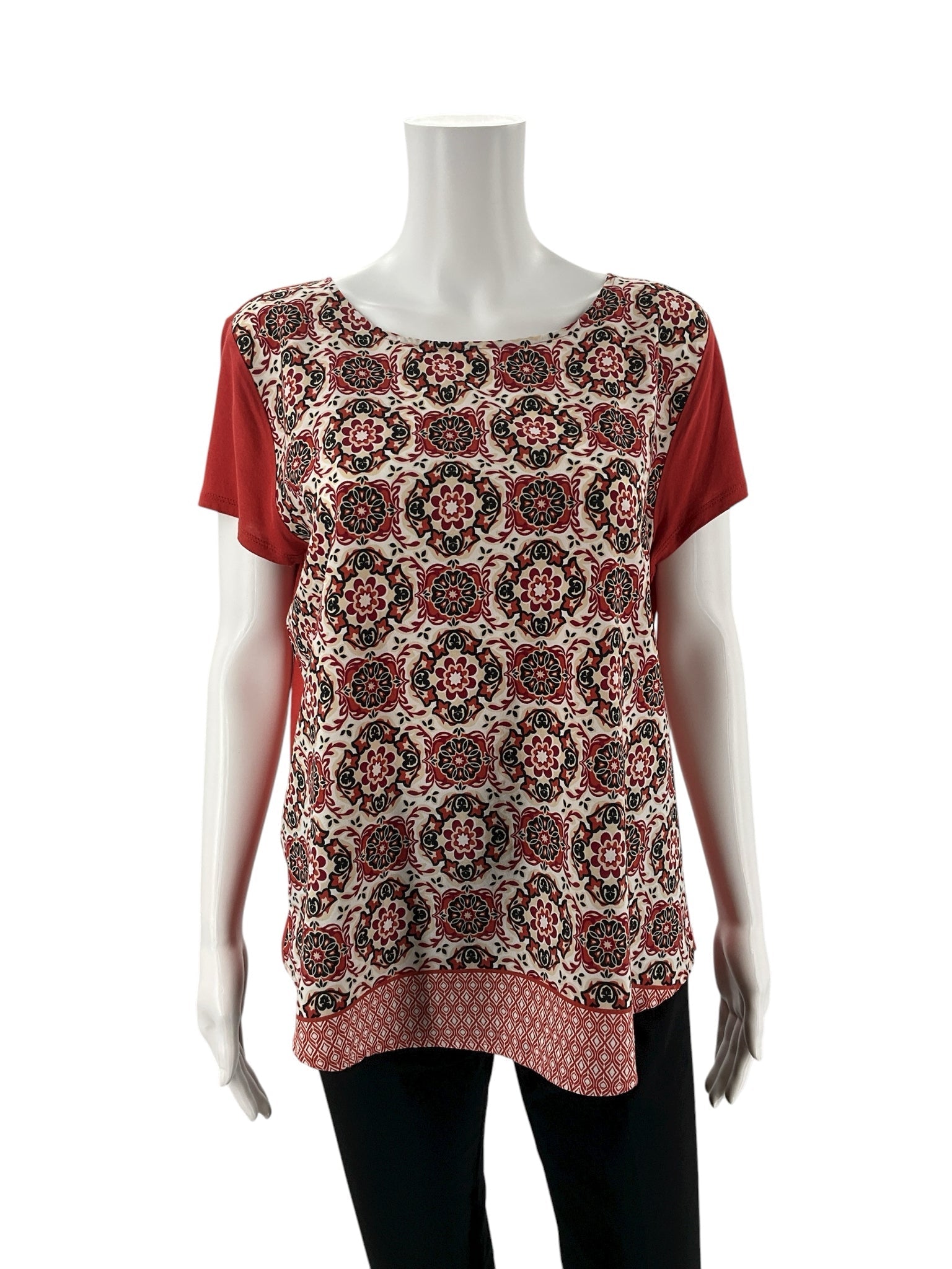 Ann Taylor Factory white and rust print mixed media swing top for women, size large, featuring a casual colorblock design.