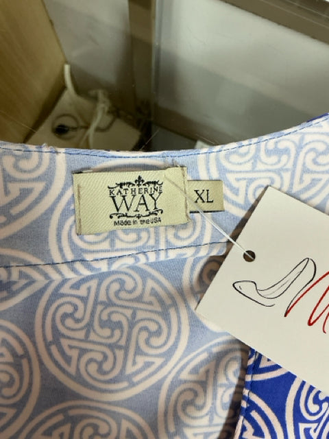 Katherine Way Amalfi Medallion Print Dress Blue White 3/4 Sleeve XL