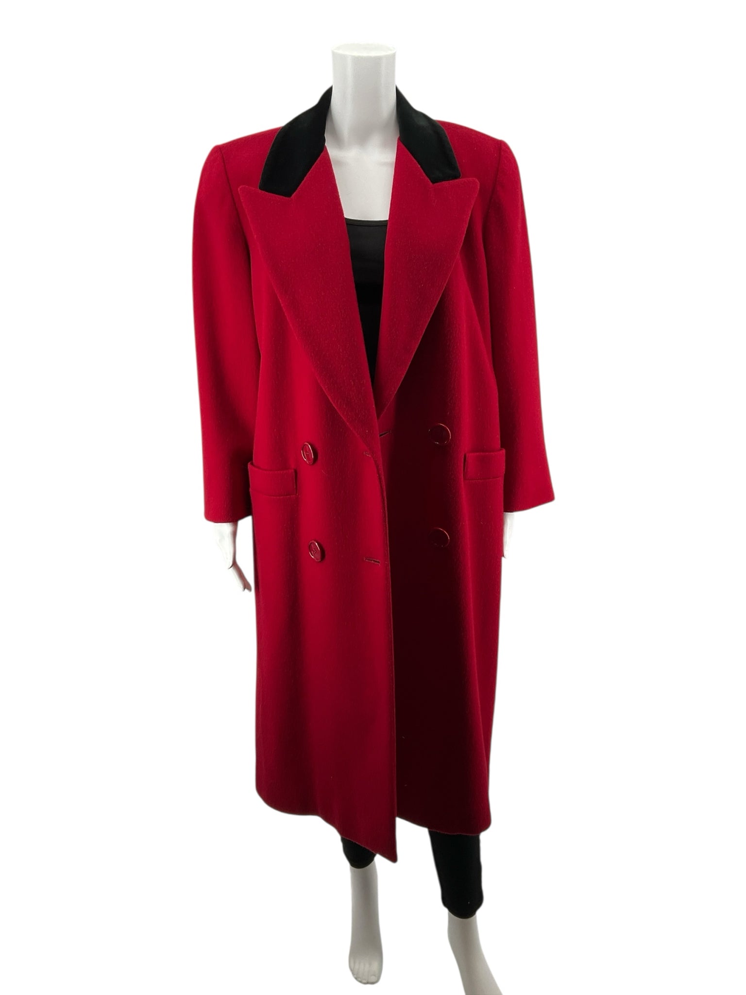 Harve Benard by Bernard Holtzman red/black Maxi Coat, Overcoat, Chesterfield, Double Breasted Vintage Harve Benard Red Wool Maxi Coat Black Velvet Collar Saks USA Sz 4 - Size 4