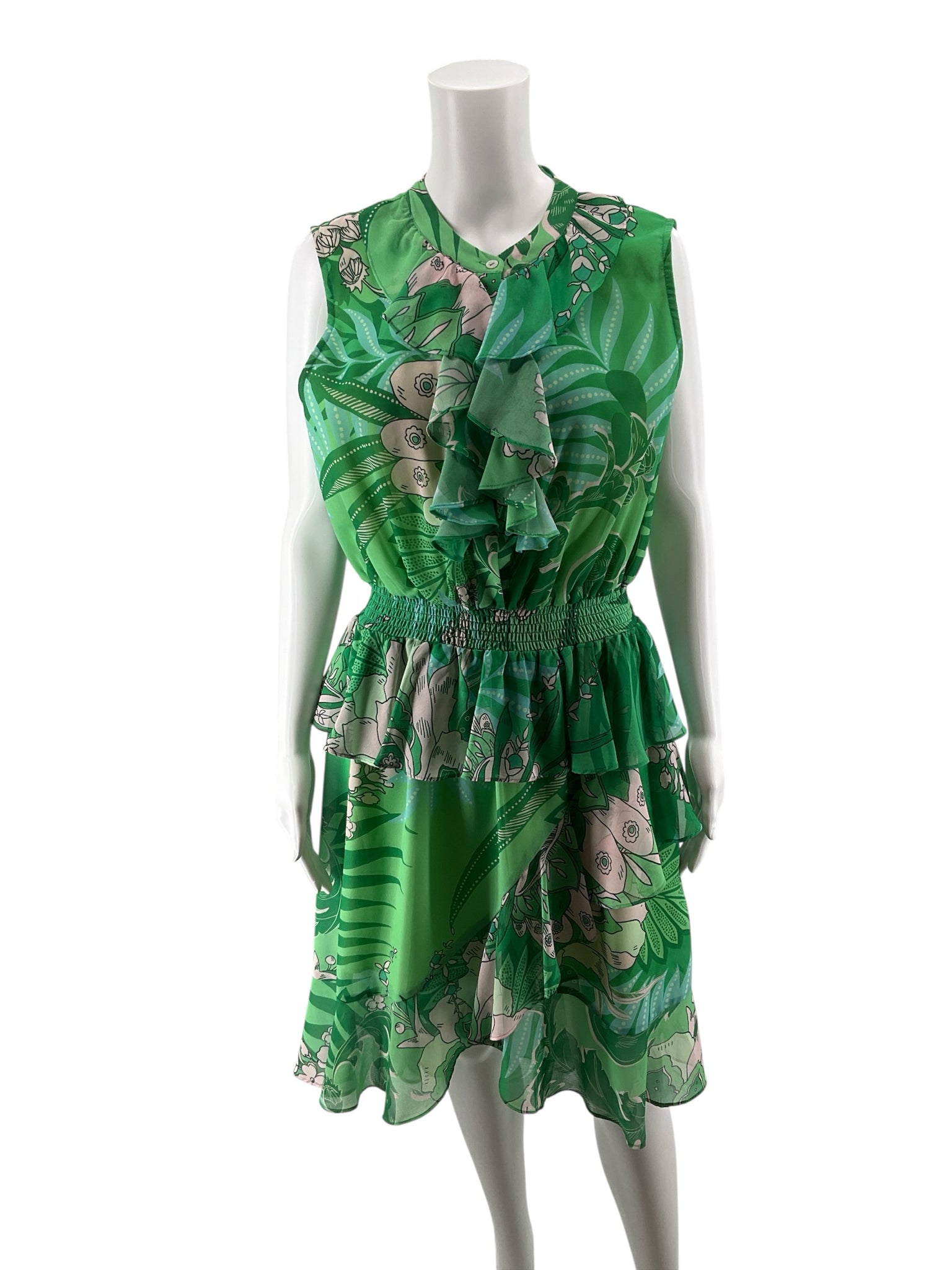 Hale Bob Emerald Green Floral Tiered Ruffle Sleeveless Dress Size Large