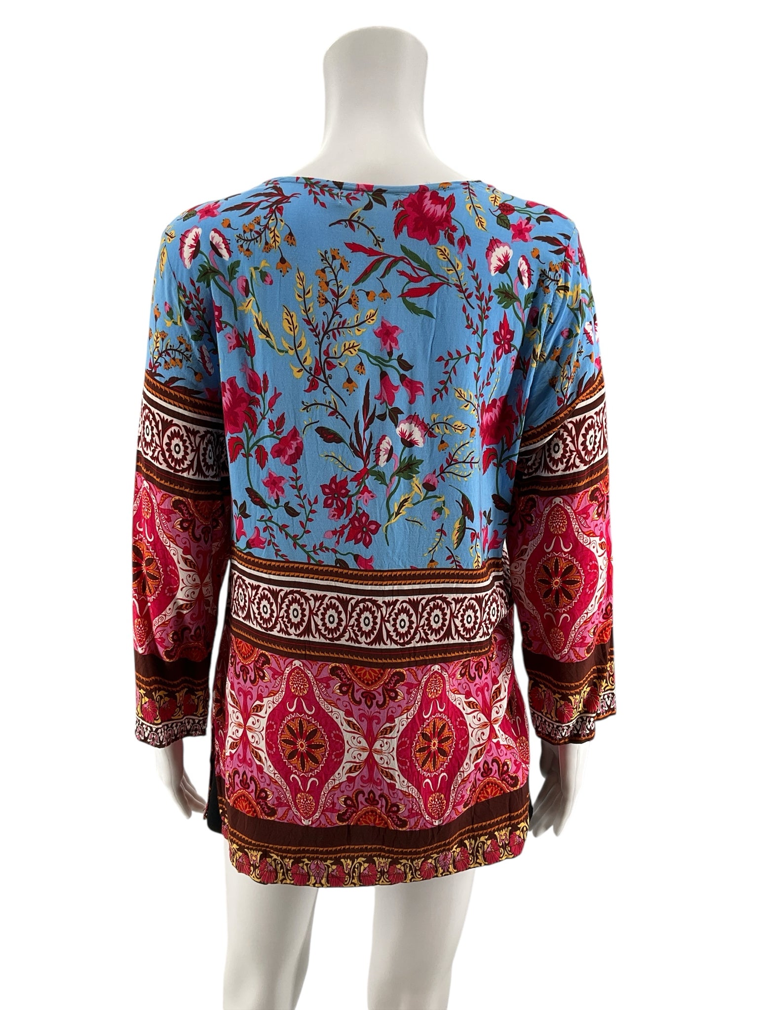 Aziza Blue Pink Floral Tassel Tie Bohemian Tunic Top Size Large