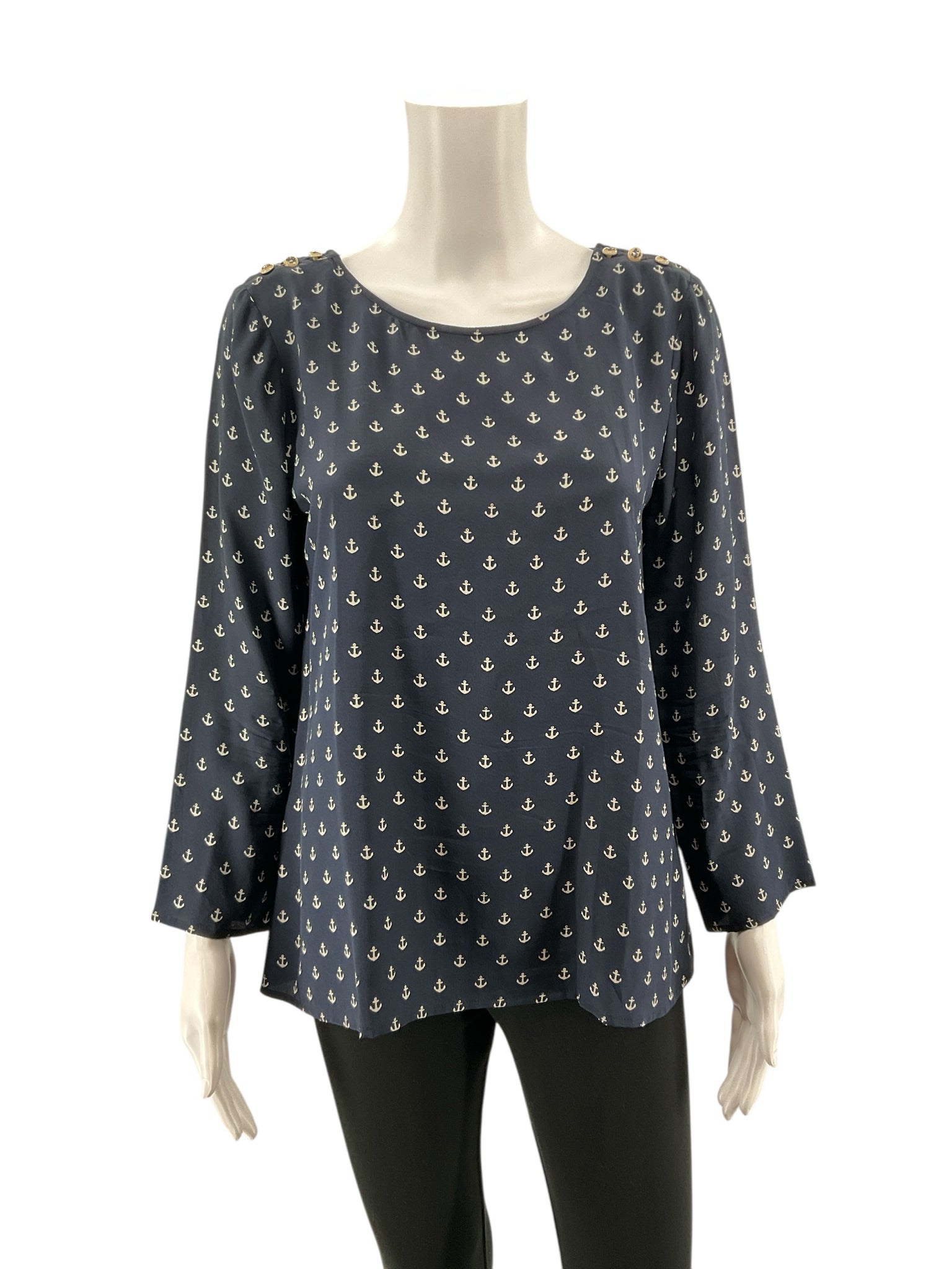 J.Crew Silk Anchor Print Nautical Blouse Navy Top Size 8