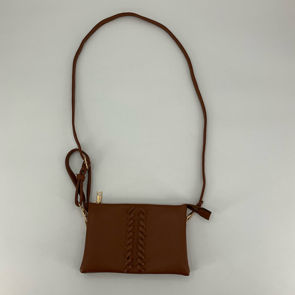 Camel Cognac Braided Whipstitch Crossbody Bag | Pebbled Vegan Leather