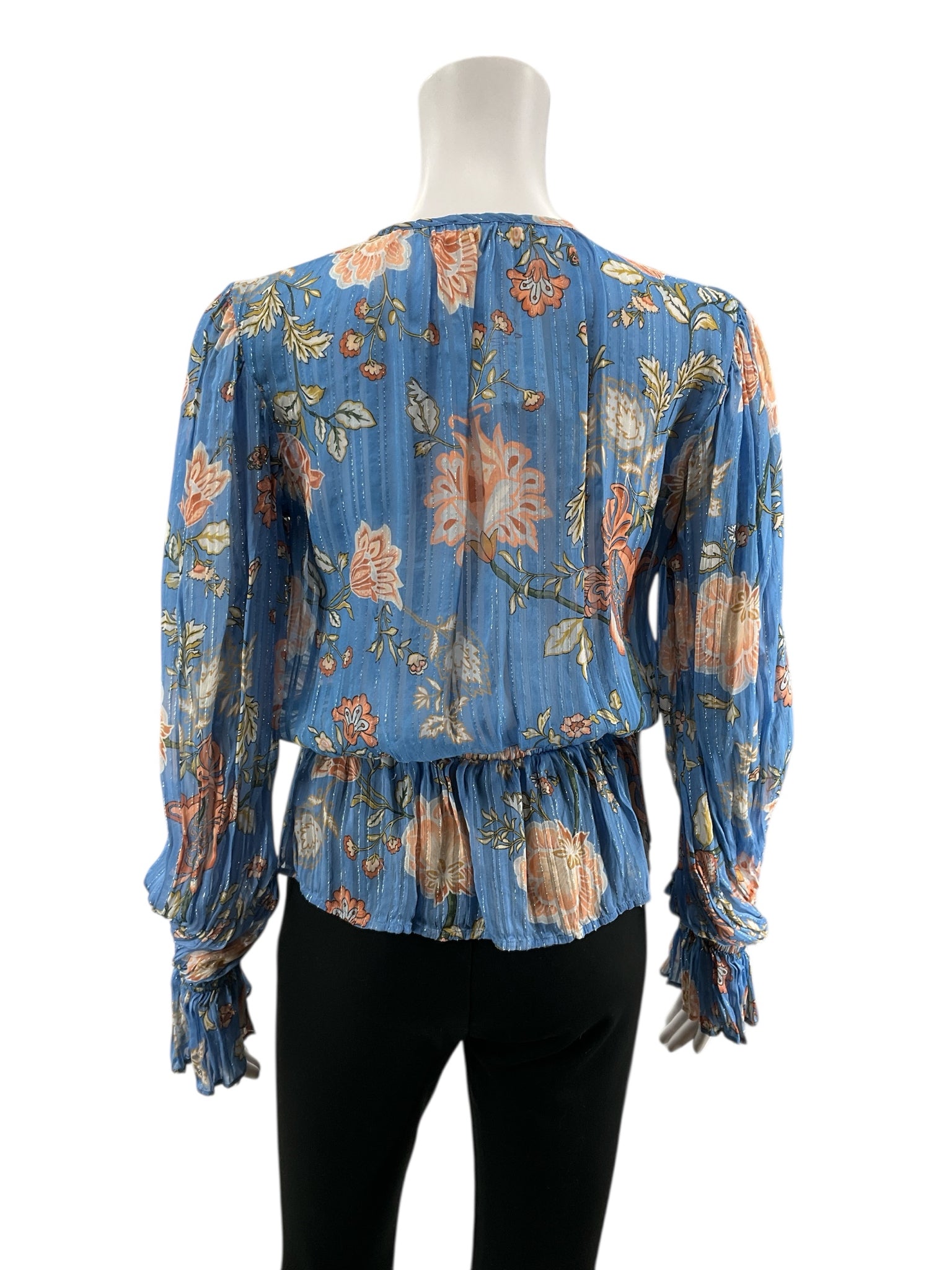 Ramy Brook blue/blush Long Sleeve Maris Floral Lurex Wrap Top Blue Blush Bishop Sleeve Blouse S/M - Size S/M