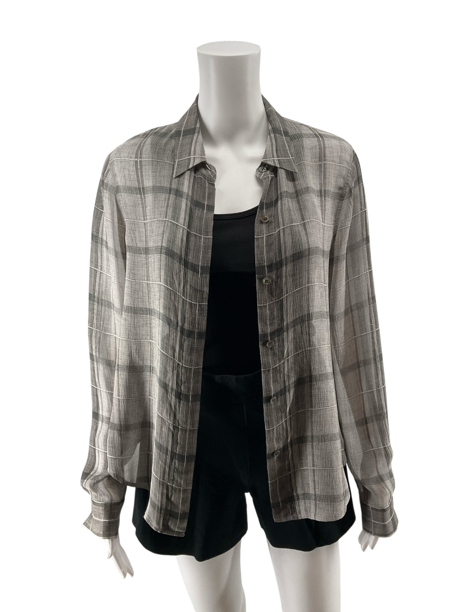 Theory Biddy Lattice Plaid 100% Silk Button Down Blouse Gray Size P Petite