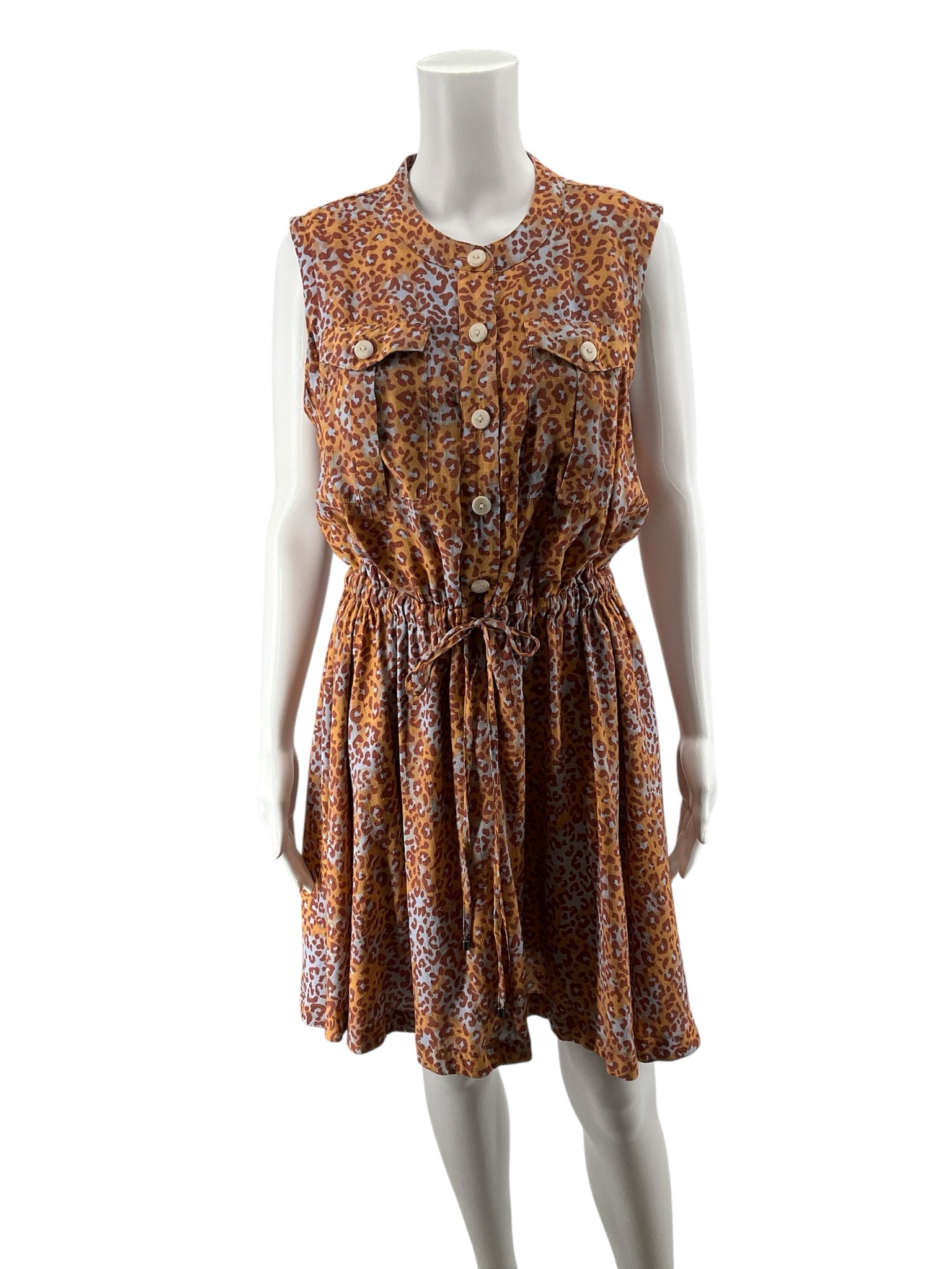 Nine West Animal Print Sleeveless Shirtdress Tie Waist Rust Blue | Size Large