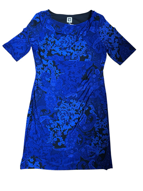 Anne Klein Blue & Black Floral Short Sleeve Sheath Dress Size 14