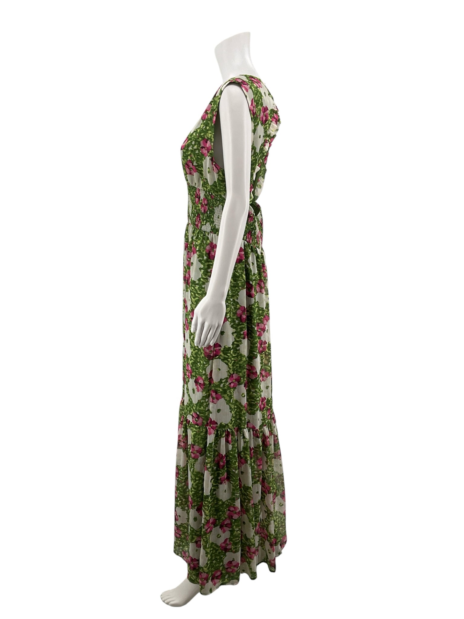 bar III green/pink Maxi Green & Pink Floral Pleated Chiffon Maxi Dress XL - Size XL