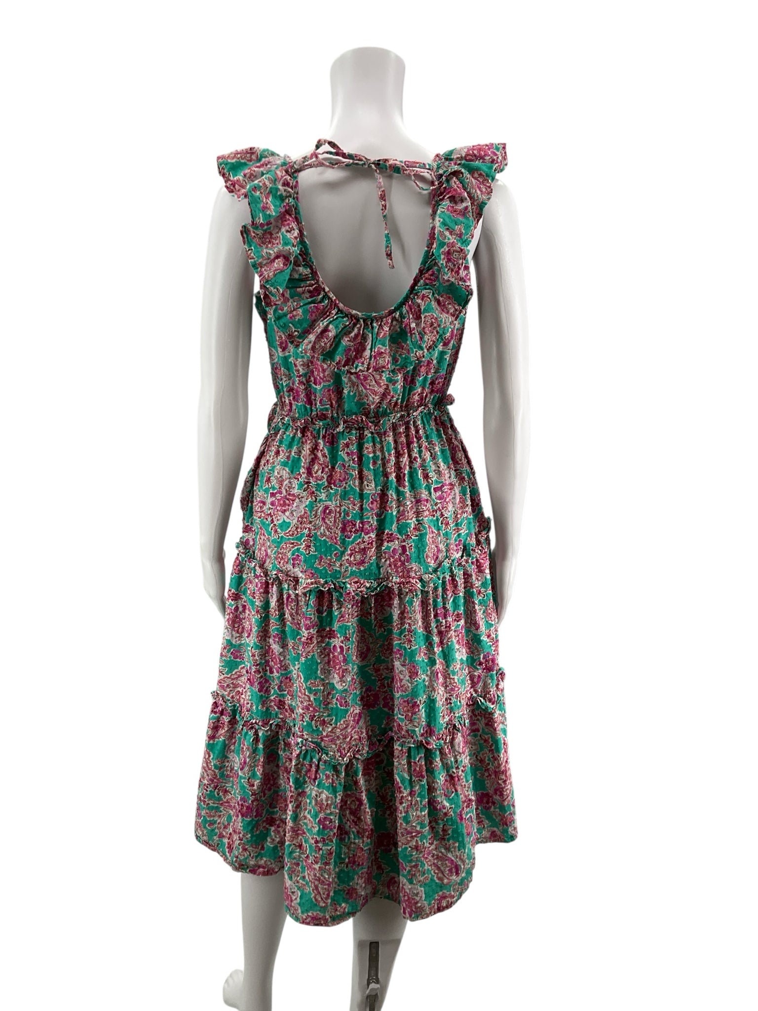 J.Crew Turquoise/Pink Maxi Ruffle-Strap Tiered Floral Paisley Midi Dress Cotton Size 0 - Size 0