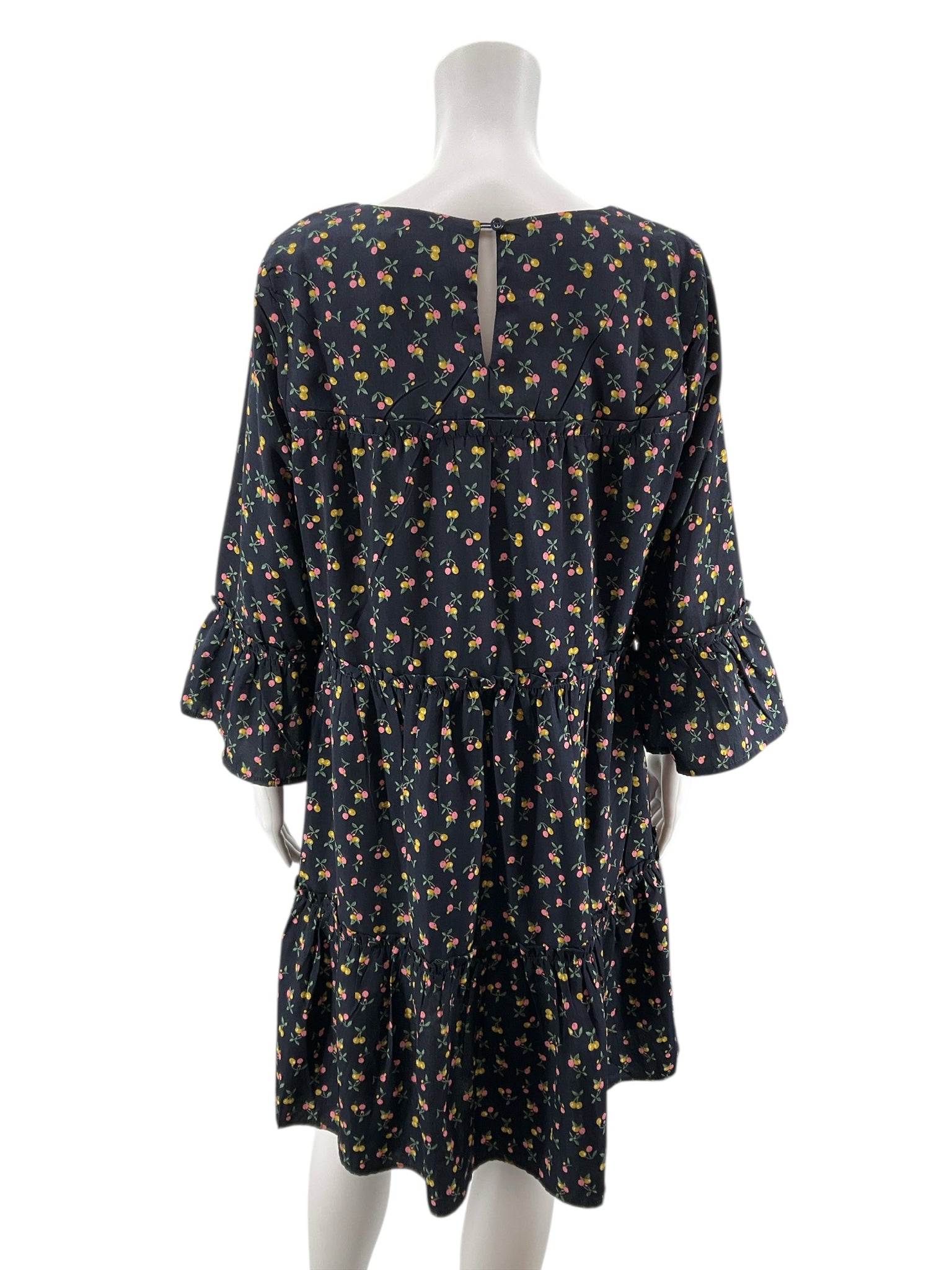 Suzanne Betro Navy Cherry Print Tiered Babydoll Dress Size Medium