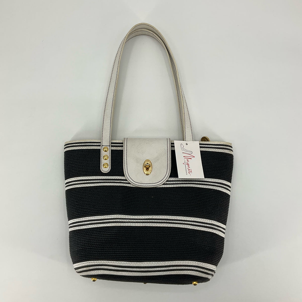 The Sak Black and White Striped Tote Purse with Turn-Lock Clasp - ONLINE ONLY