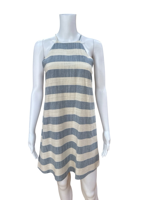 Pink Owl tan/blue Mini Striped Halter Mini Dress Blue Ivory Cotton Sundress Size Small - Size S