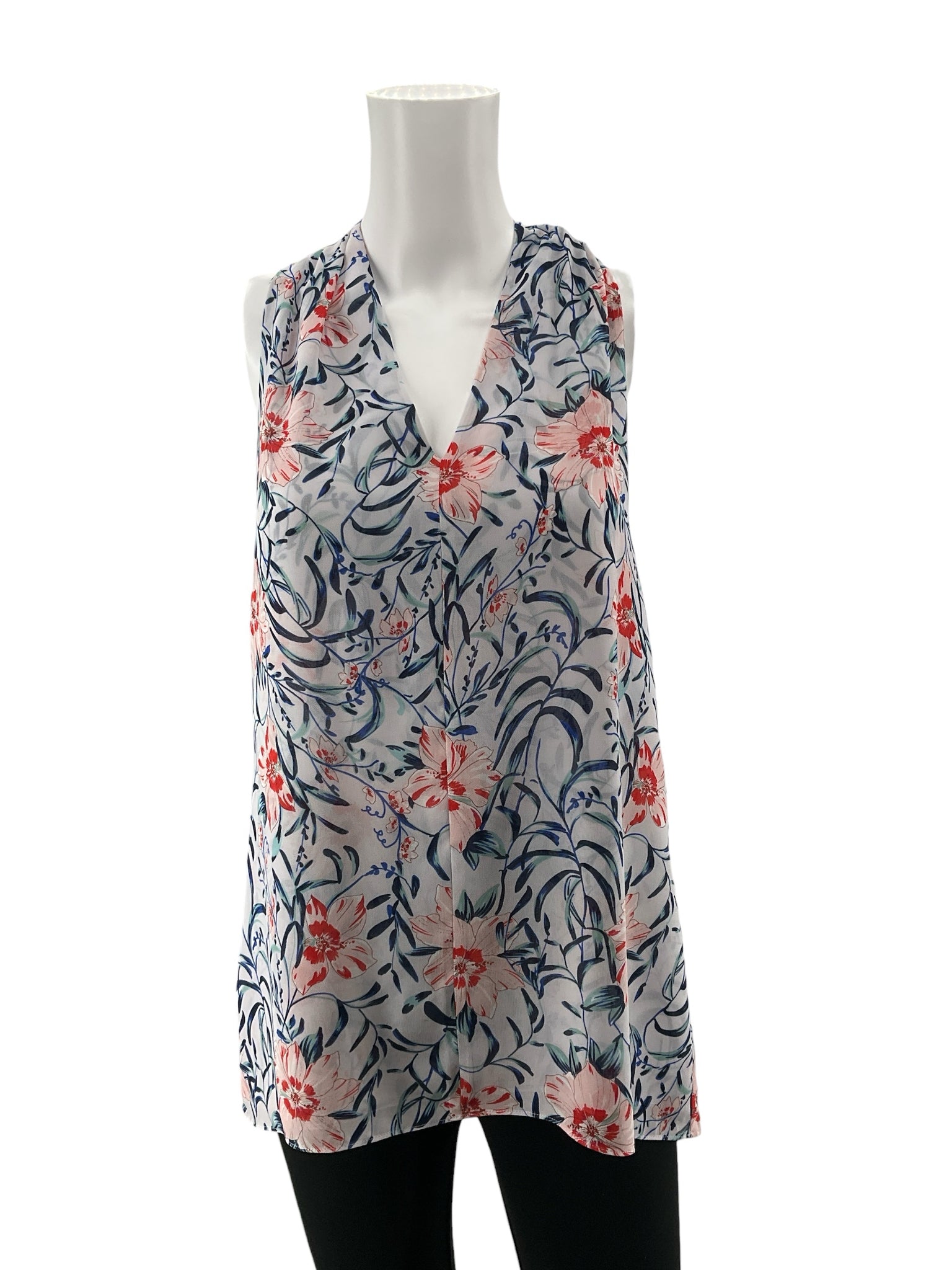 cabi white/blue/orange Sleeveless Tipple Blouse Size S Floral Sleeveless V-Neck Top - Size S