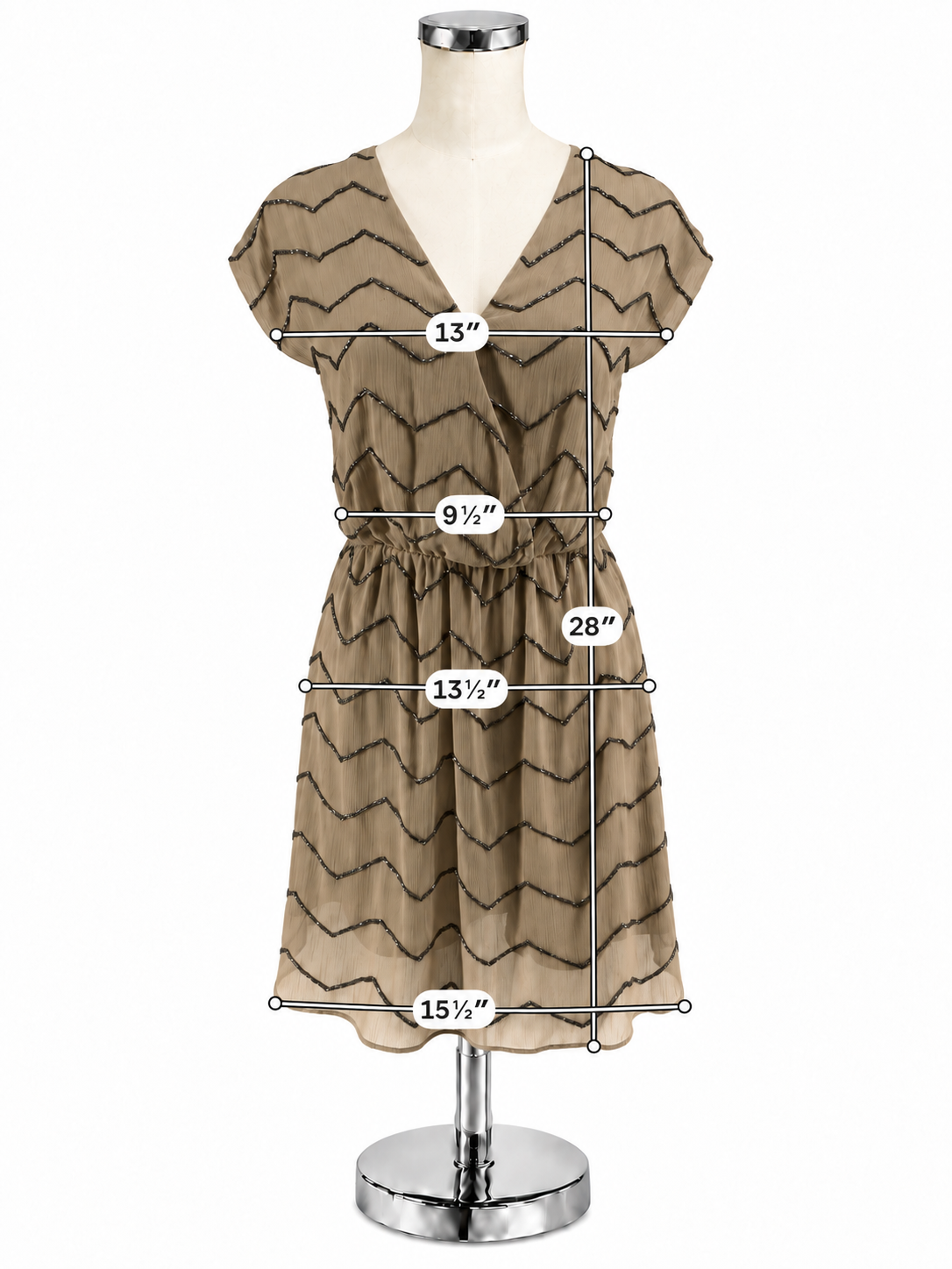 Ranna Gill Tan Chevron Beaded V-Neck Mini Dress Size Petite XS