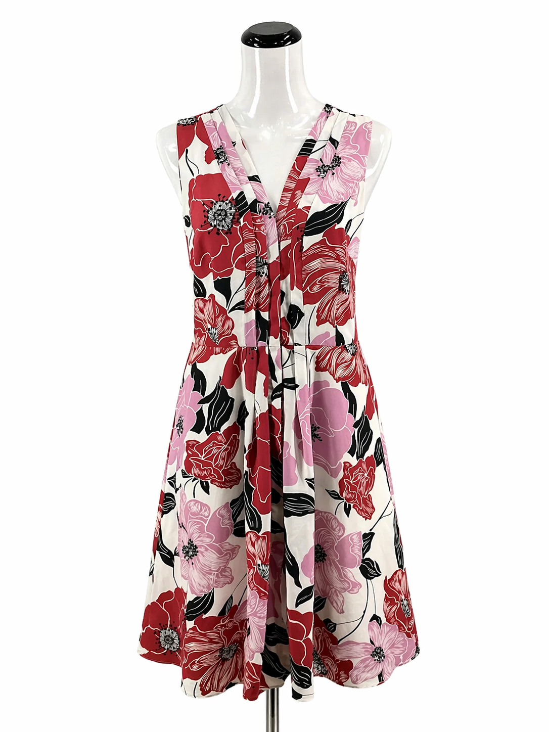 Ann Taylor Factory white/pink/black A-Line Ann Taylor White/Pink/Black Floral Pre-Owned Ladies Dress - Size 10 - Size 10
