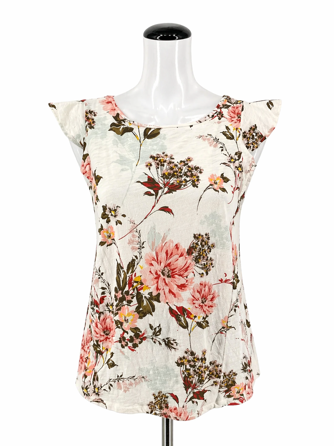LOFT ecru/brown/orange Sleeveless Vintage Soft Floral Flutter Sleeve Top 100% Cotton Size Small - Size S