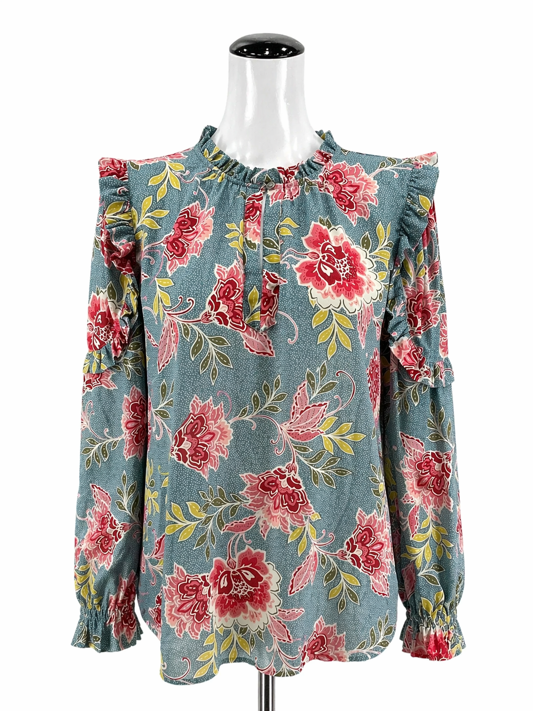 LOFT Blue/White/Mauve Long Sleeve Floral Dot Ruffle Trim Peasant Blouse Blue White Medium - Size M