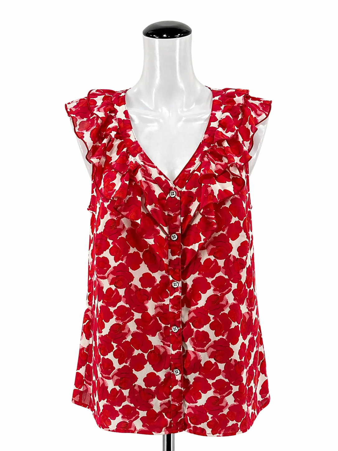 cabi White/Red Sleeveless Rose Top Floral Ruffle V-Neck Sleeveless Blouse Size Small - Size S