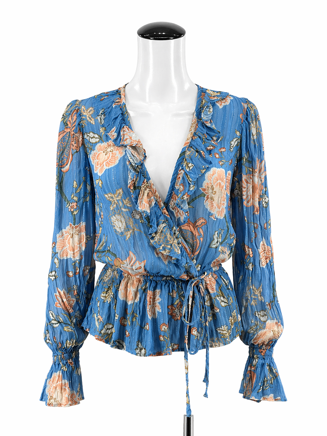 Ramy Brook blue/blush Long Sleeve Maris Floral Lurex Wrap Top Blue Blush Bishop Sleeve Blouse S/M - Size S/M