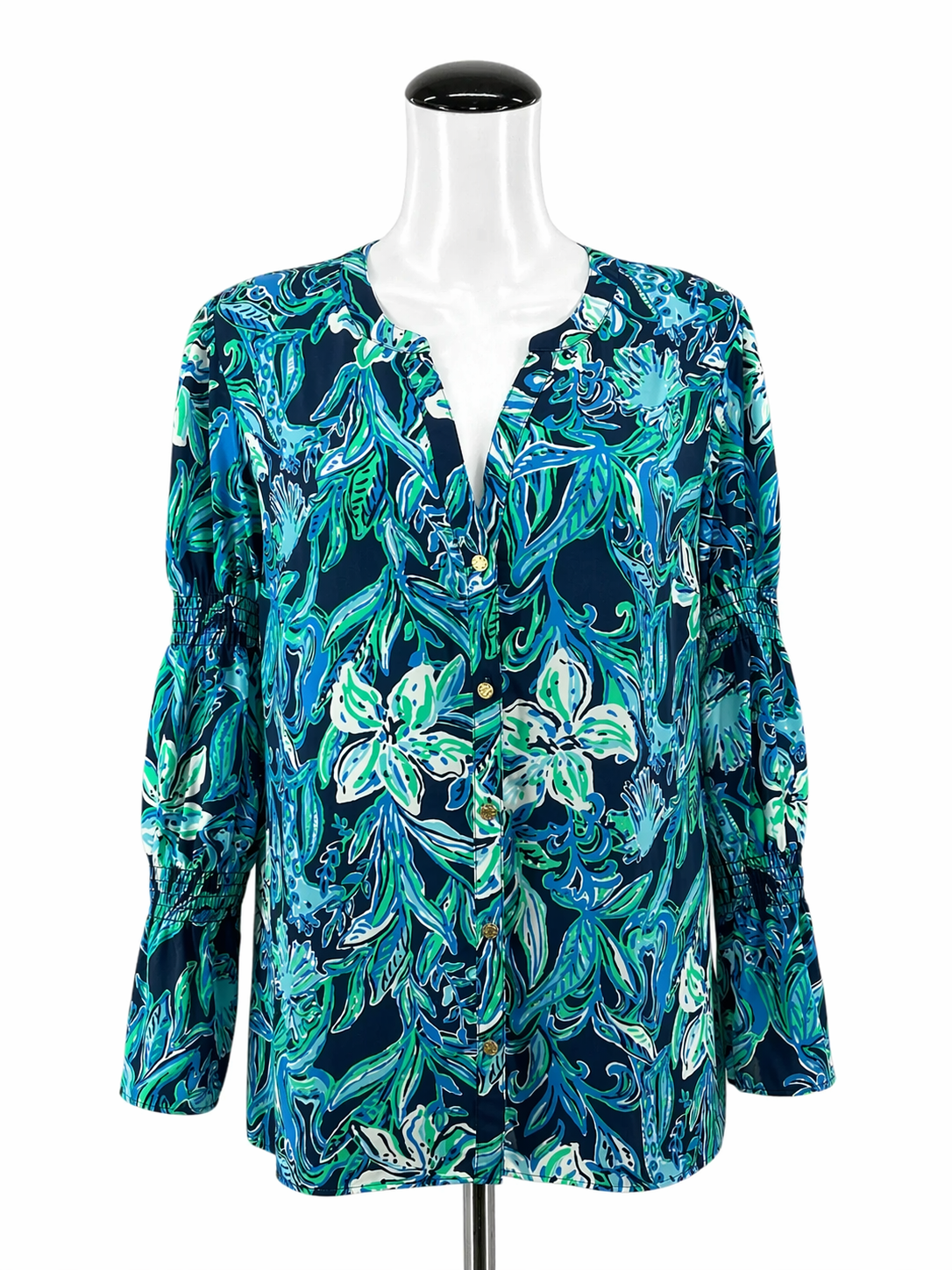 Lilly Pulitzer blues/teal/green Long Sleeve Blues/Teal/Green Floral Pre-Owned Casual Top - Size Large - Size L