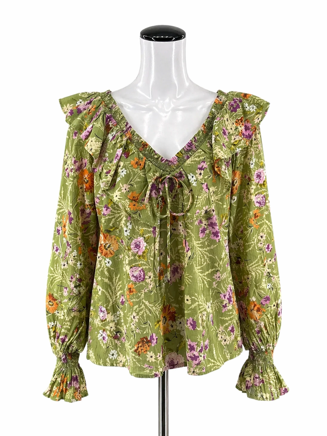 Anthropologie Green/purple/white Long Sleeve Green/Purple/White Floral Pre-Owned Casual Top - Size Large - Size L