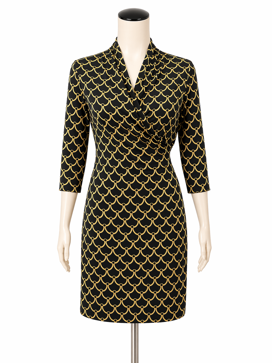 J. McLaughlin Black/Gold Sheath Catalina Cloth Black & Gold Chain Print Ruched Dress Size Small - Size S