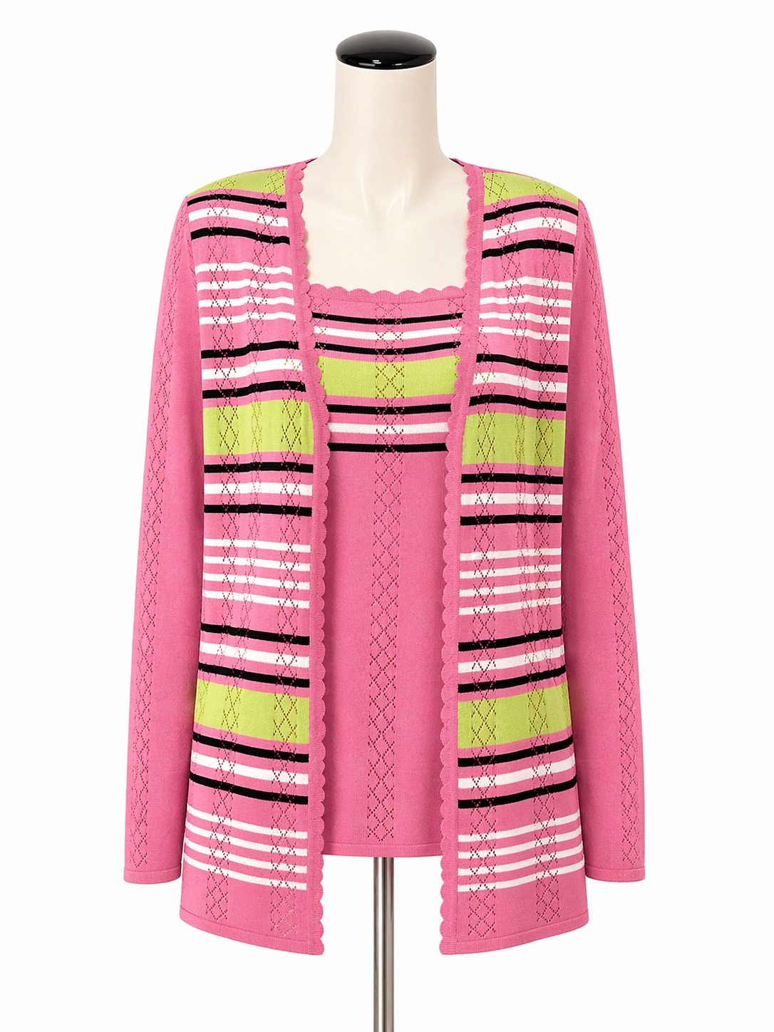 Misook pink/lime Long Sleeve Pink & Lime Green Striped Knit Cardigan & Tank Top Set Size Small - Size S