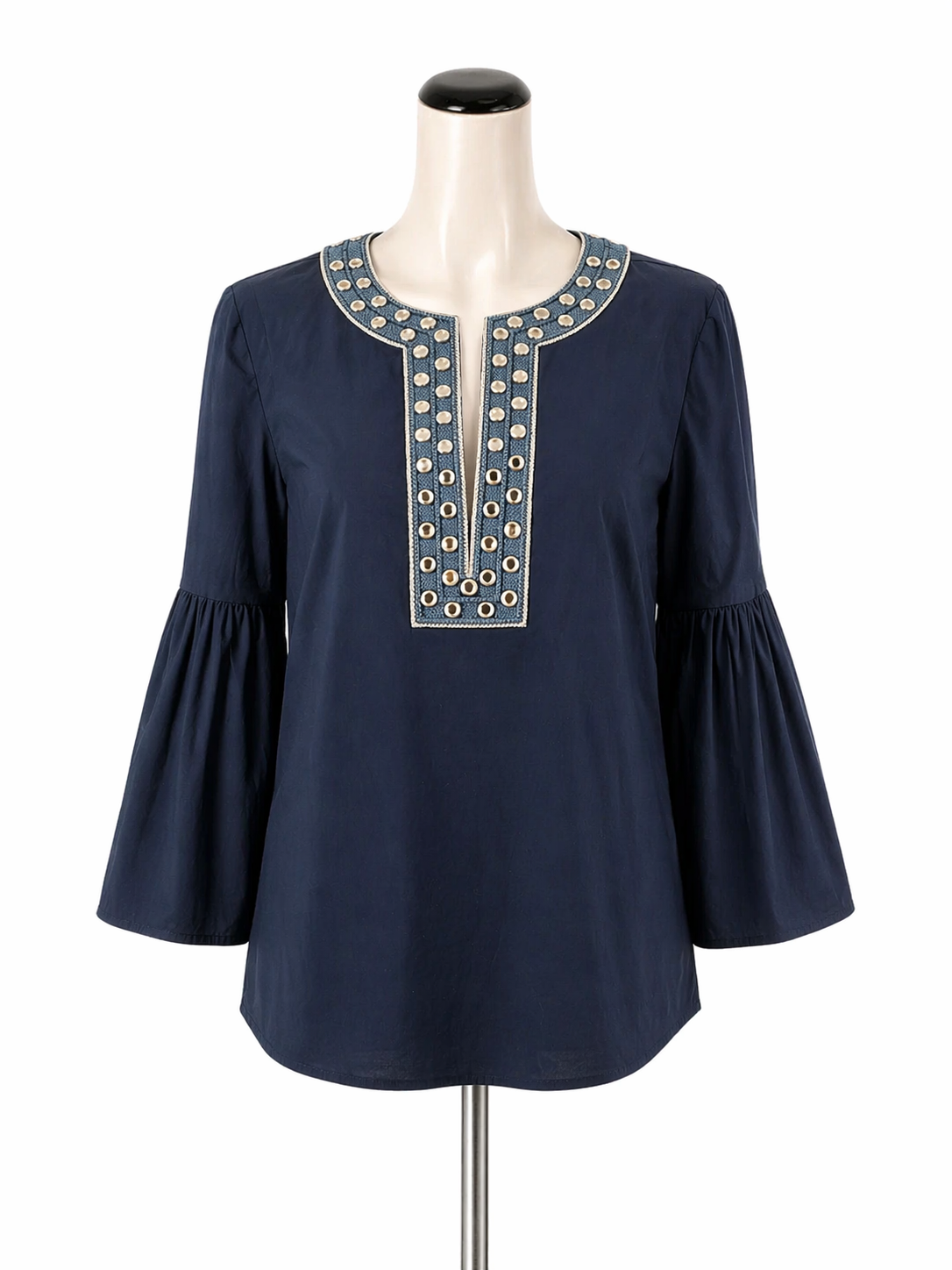 Tory Burch Navy 3/4 Sleeve Harper Tunic Navy Blue Mirror Embroidered Bell Sleeve Top Size 2 - Size 2