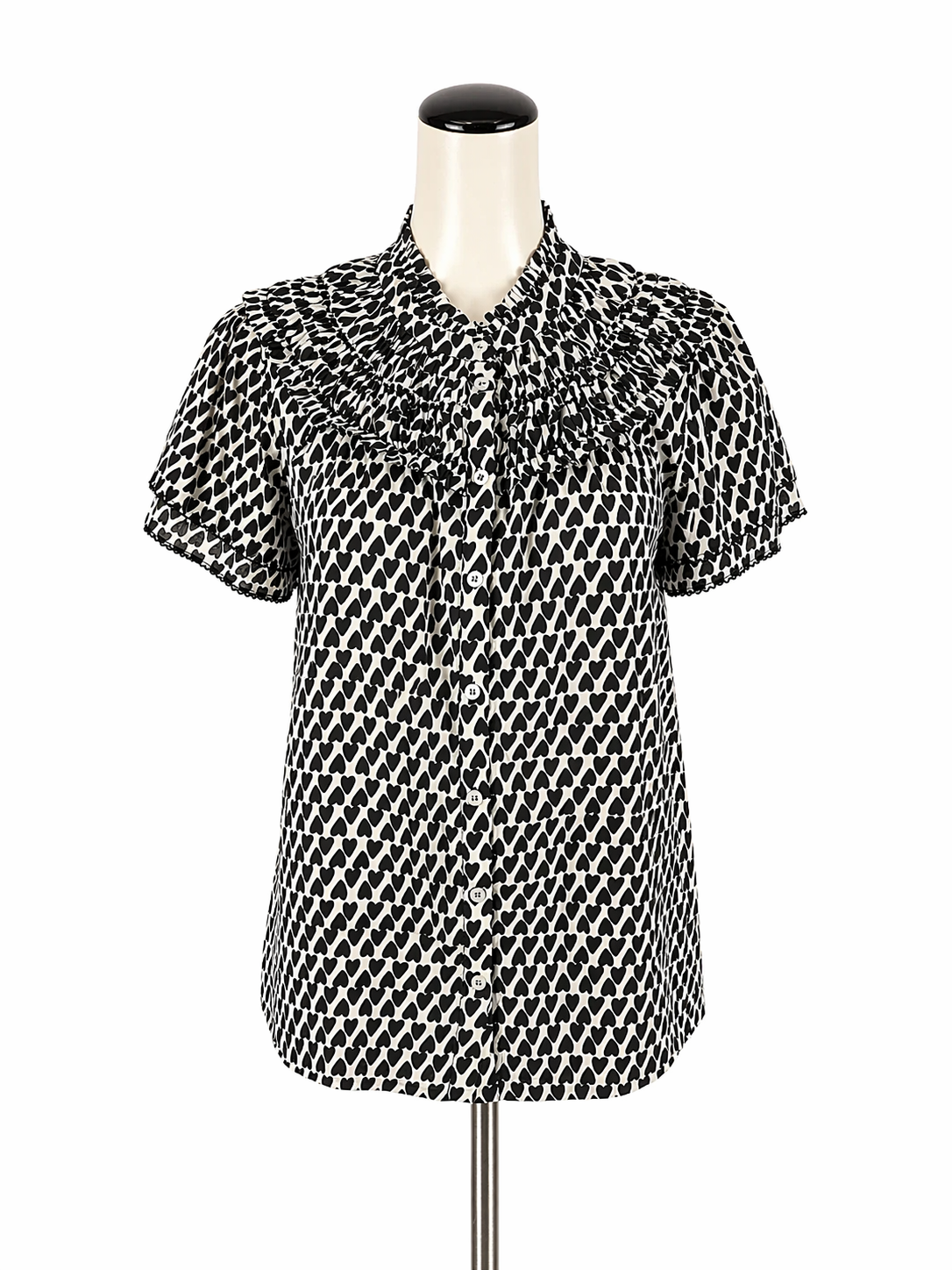 Ivy Jane white/black Short Sleeve Heart Print Smocked Ruffle Yoke Blouse Top Size Small NWT - Size S