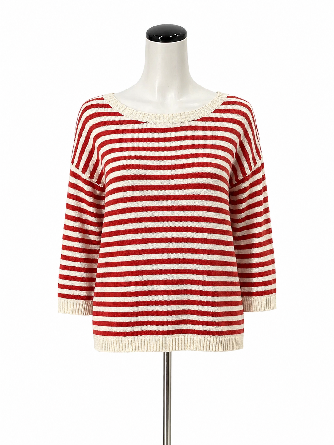 Seasalt Cornwall red/white 3/4 Sleeve Knavock Jumper Organic Cotton Linen Breton Stripe Sweater US 4 - Size 4