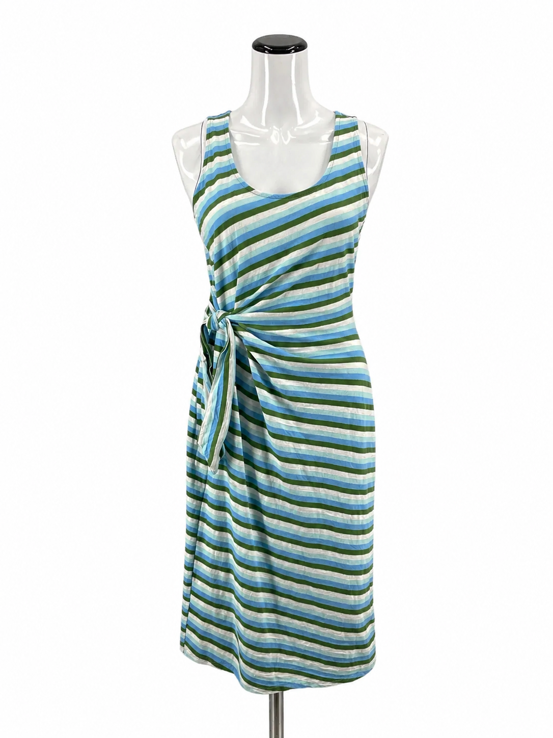 Talbots Aqua/White/Green Midi Striped Tie-Waist Midi Dress Metallic Knit Sleeveless Blue Green Medium - Size M