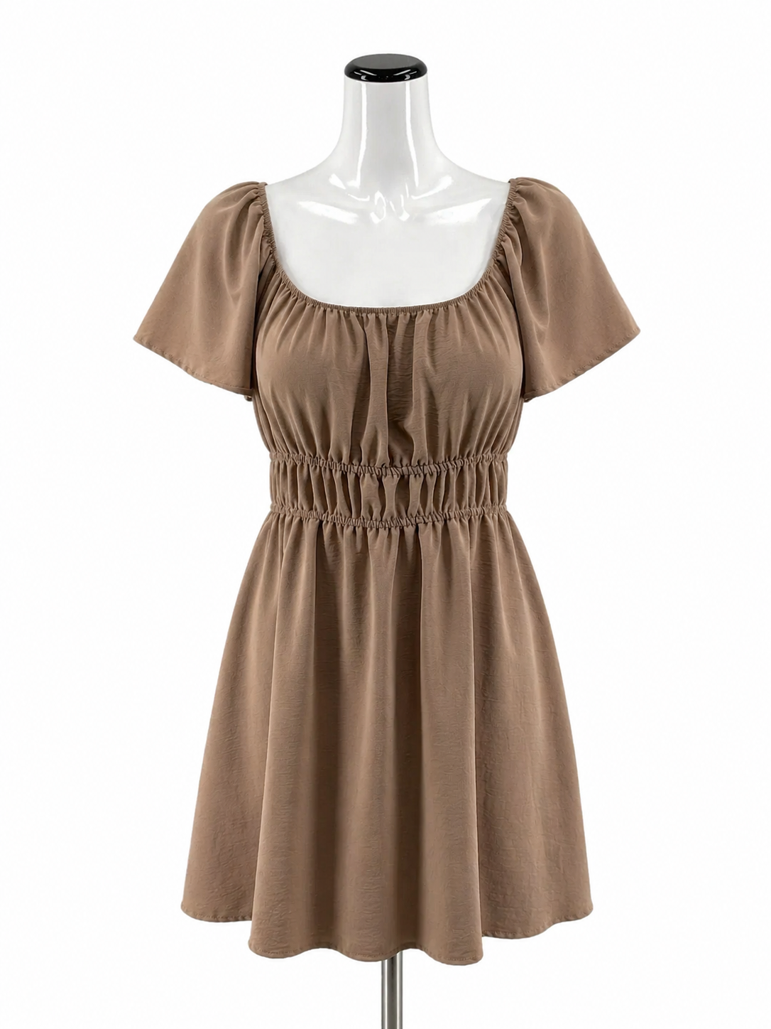 Altar'd State Taupe Shirred Waist Flutter Sleeve Mini Dress