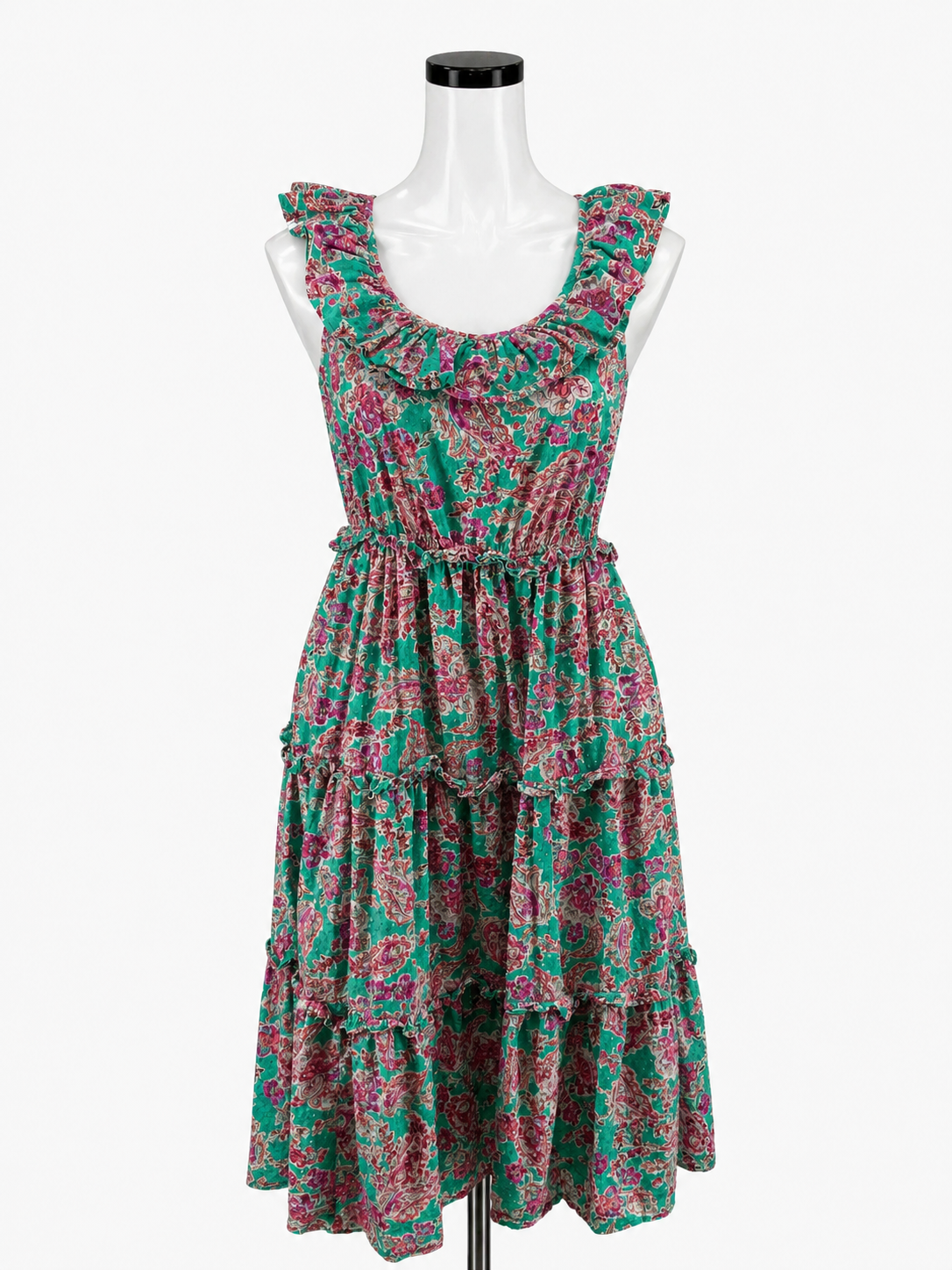 J.Crew Turquoise/Pink Maxi Ruffle-Strap Tiered Floral Paisley Midi Dress Cotton Size 0 - Size 0