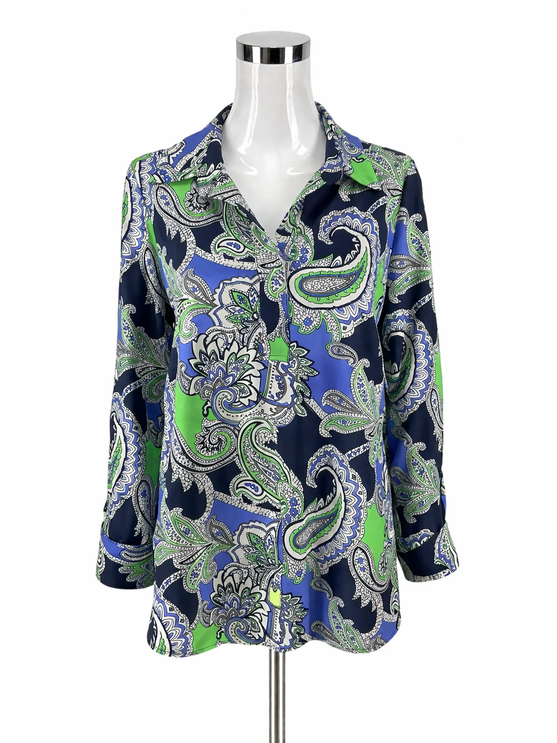 Jude Connally Trixie Tunic Top M Blue Green Paisley Roll Tab Sleeve Pre-Owned