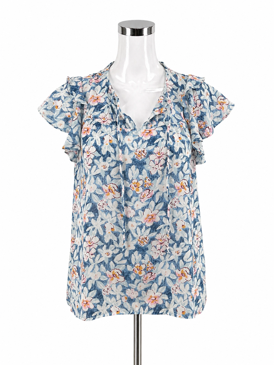 Melloday Floral Ruffle V-Neck Blouse Size Medium Blue White