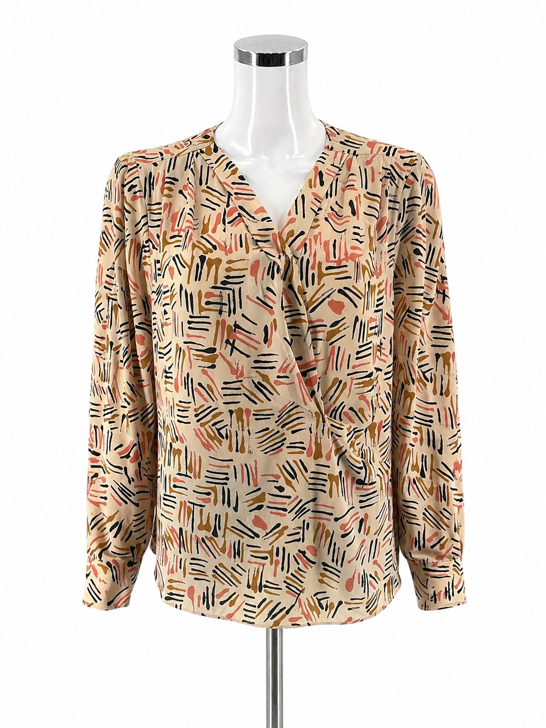 cabi tan/navy/pink Long Sleeve Brushstroke Blouse Faux Wrap V-Neck Top Tan Pink Navy Size M Style 4162 - Size M