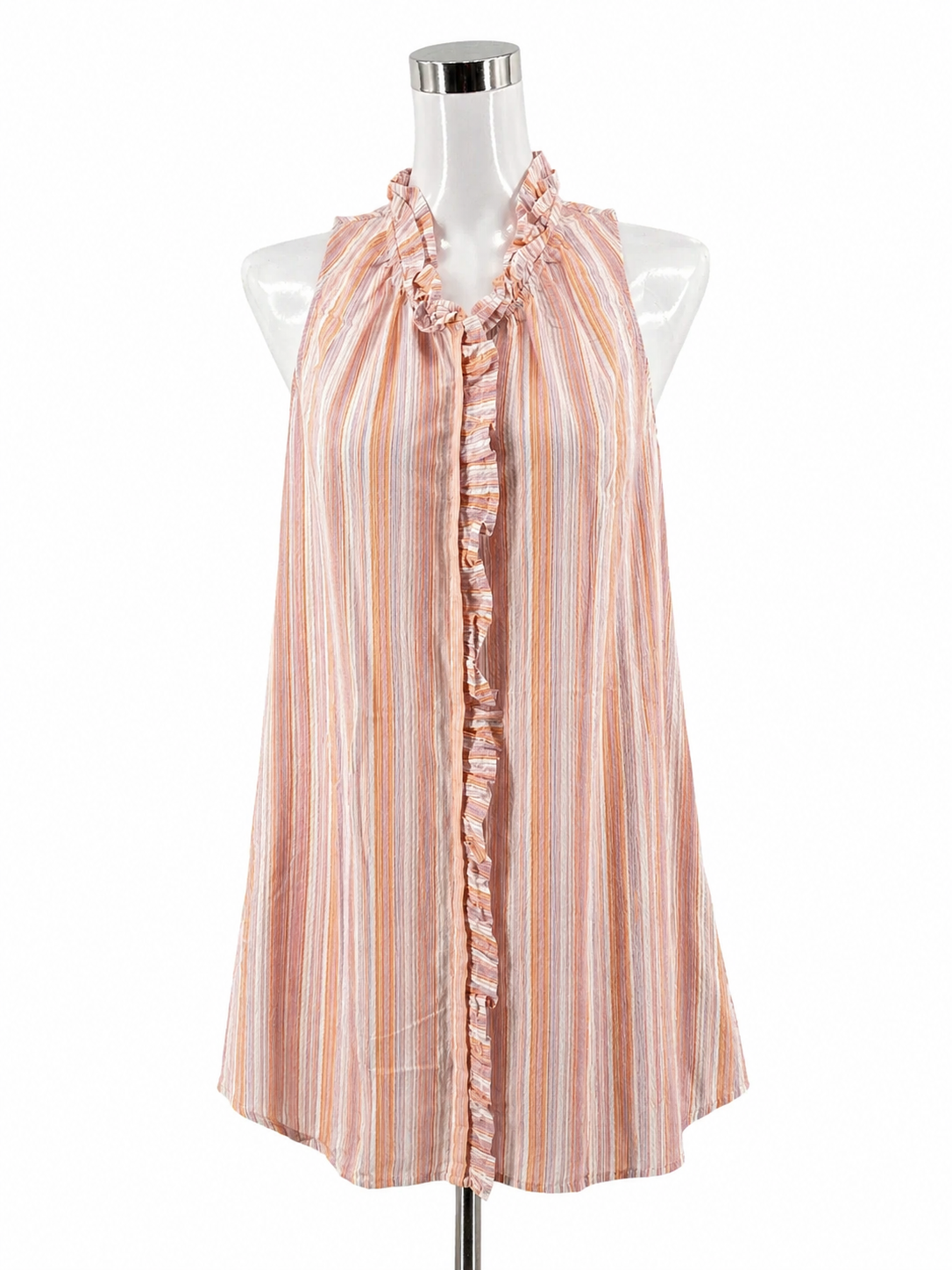 Sundays White/Pink/Orange Sleeveless Anthropologie Ruffled Striped Tunic Mini Dress Size XS - Size XS