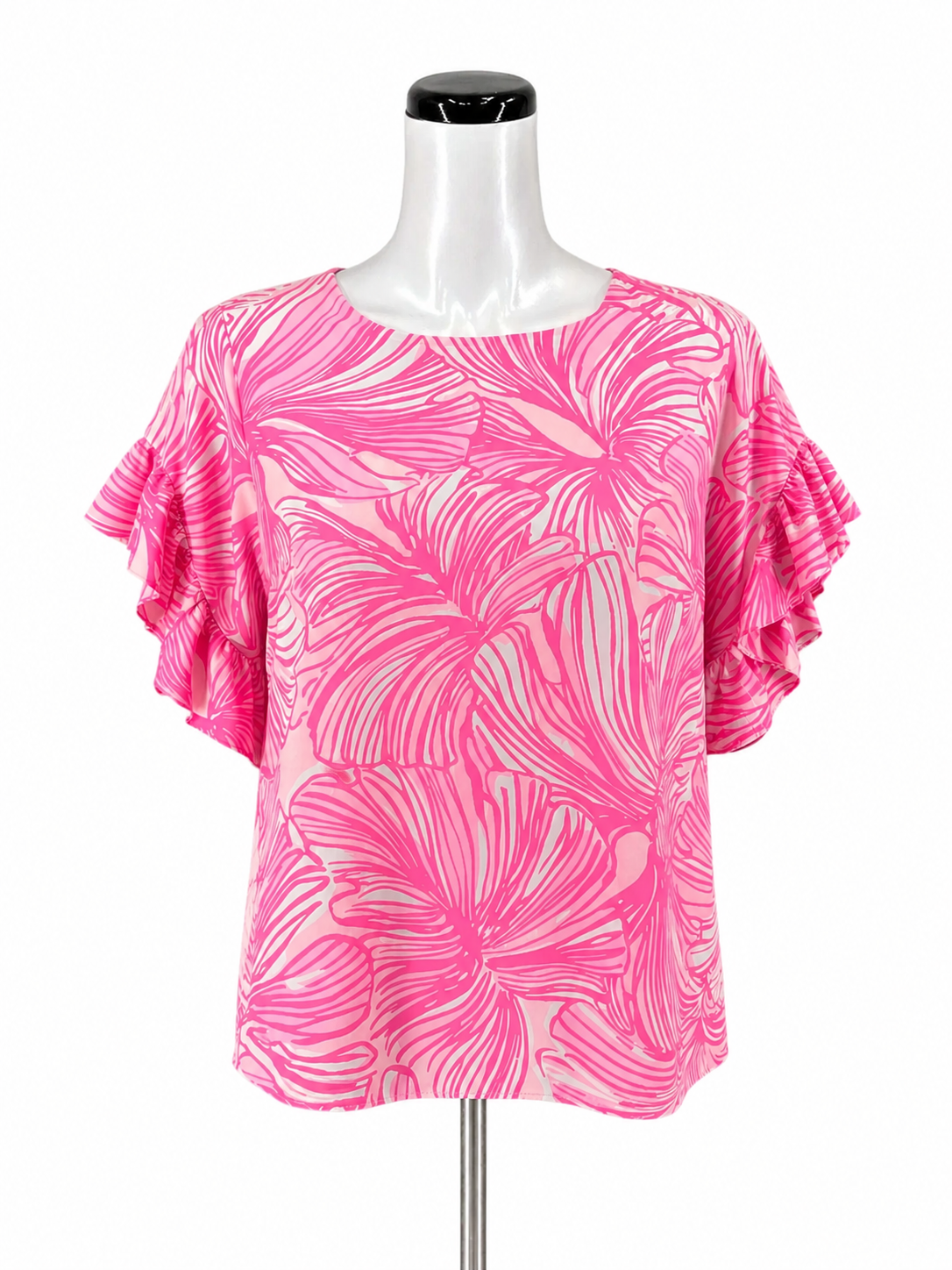Lilly Pulitzer white/pink Short Sleeve Arabelle Top In The Vias Pink Tropical Leaf Print Blouse XS - Size XS