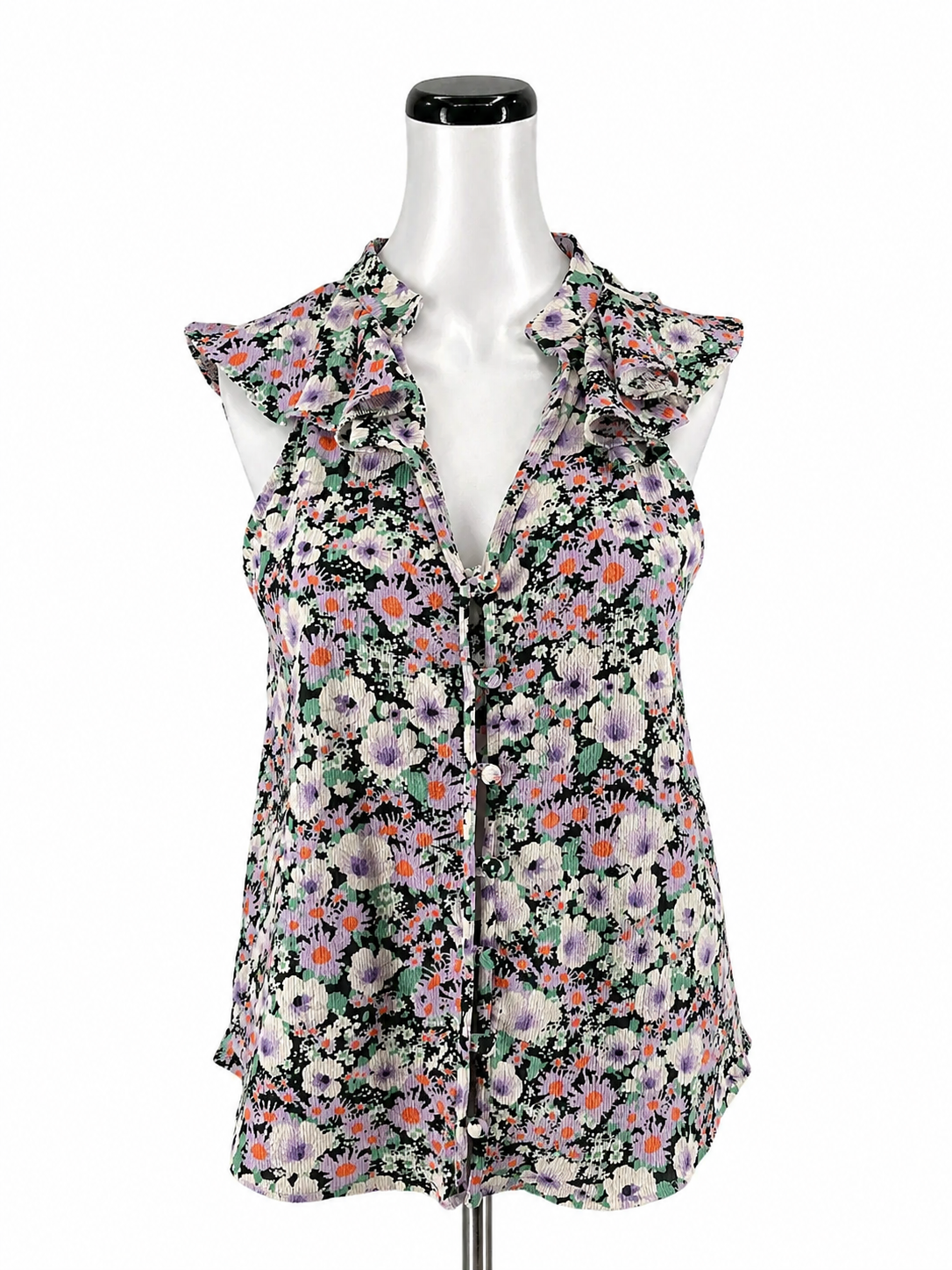 Anthropologie white/black/purple Sleeveless Maeve Starling Jacquard Floral Button-Front Ruffle Tank Top Medium - Size M